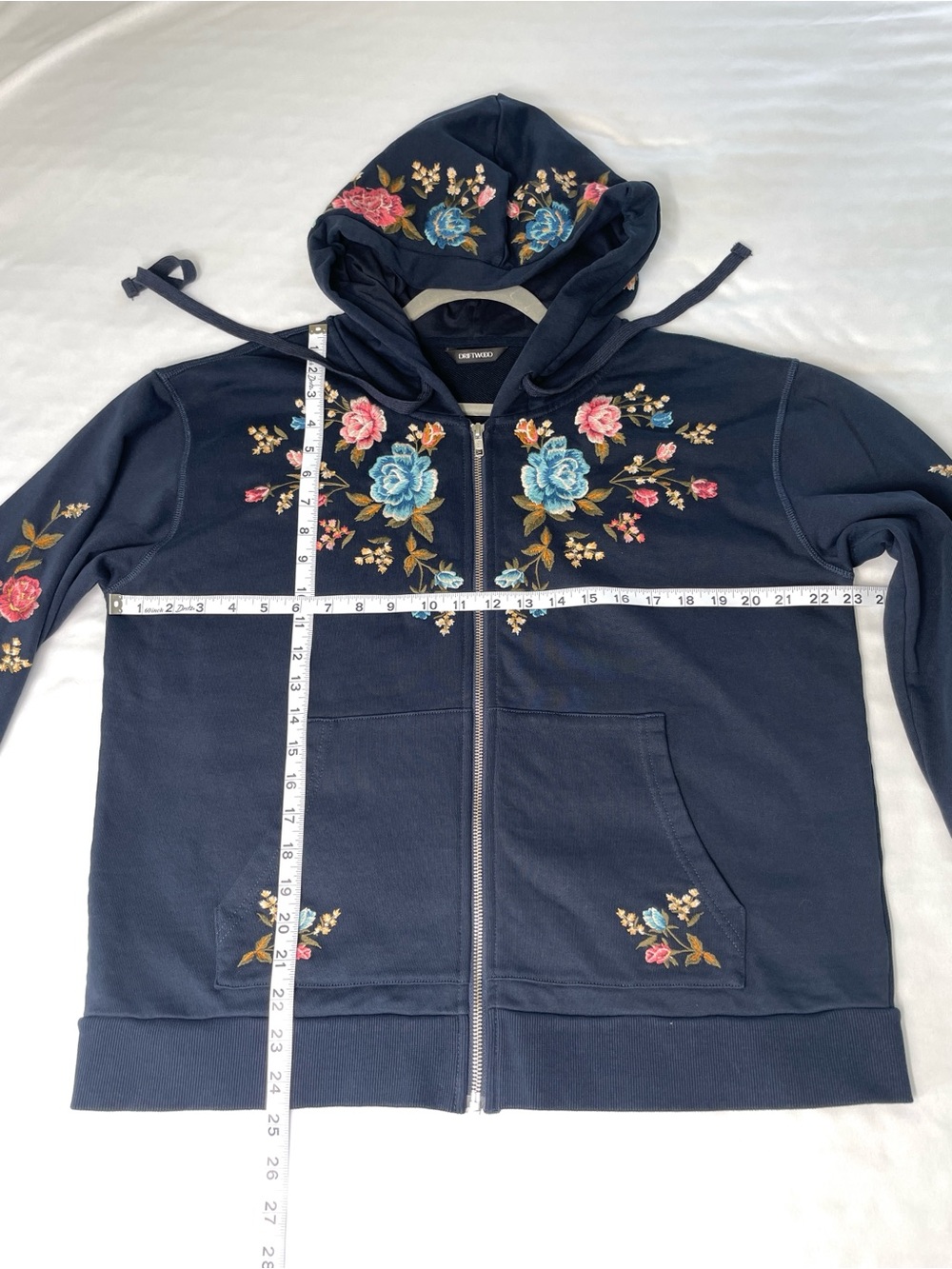 Driftwood "Blue Bell Fleur" Embroidered Zip Hoodie Navy XL (Hood Details) - Picture 7 of 10